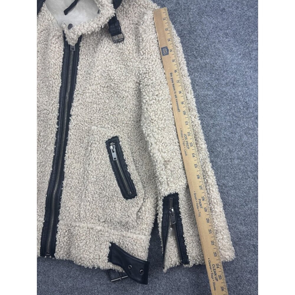 Zara Woman Jacket Womens Small Beige Sherpa Teddy Fleece Biker Moto Zip Pockets - Picture 4 of 8